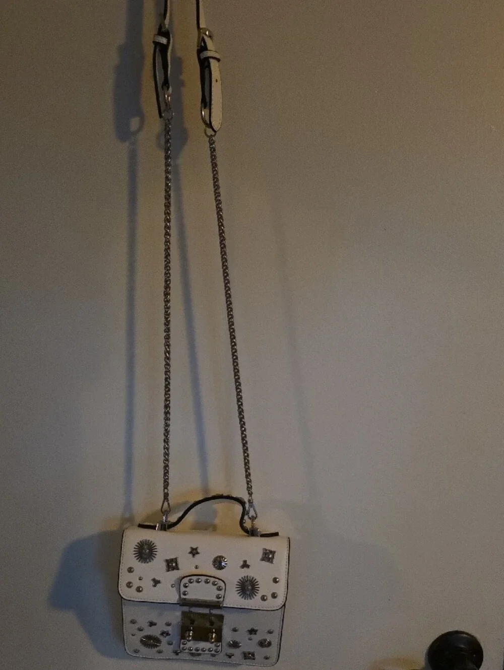 White Studded Top-Handle Satchel with Silver Hardware